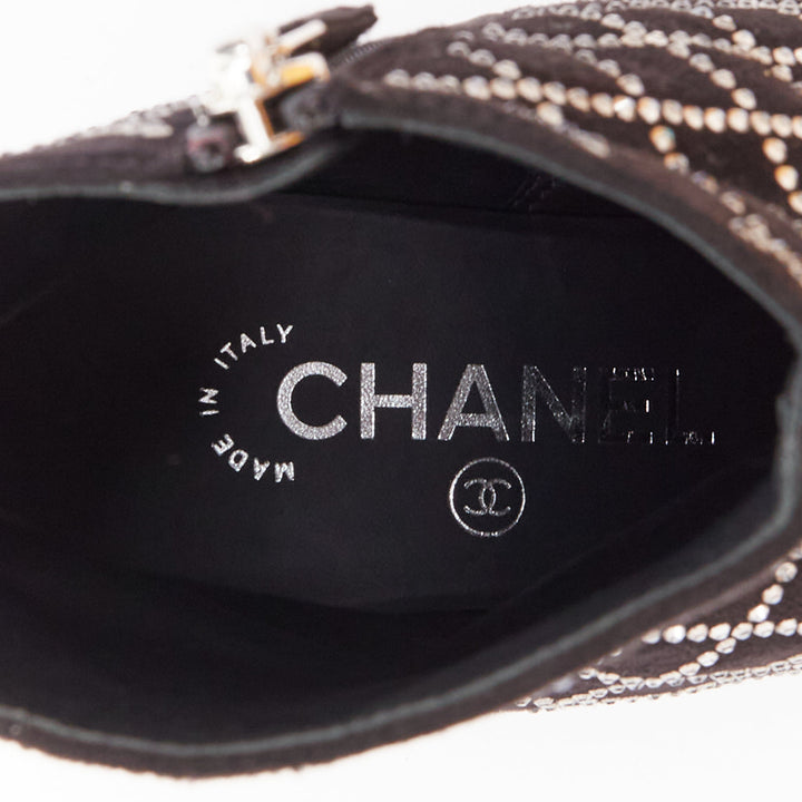 CHANEL 2019 black kid suede silver crystal CC logo acrylic heel boots EU37