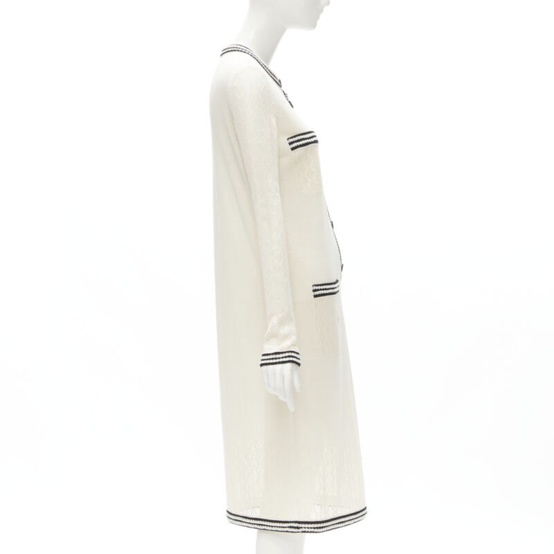 CHANEL cream beige 4-pocket black CC crochet knit midi dress FR38 S