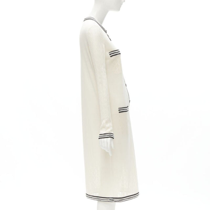CHANEL cream beige 4-pocket black CC crochet knit midi dress FR38 S