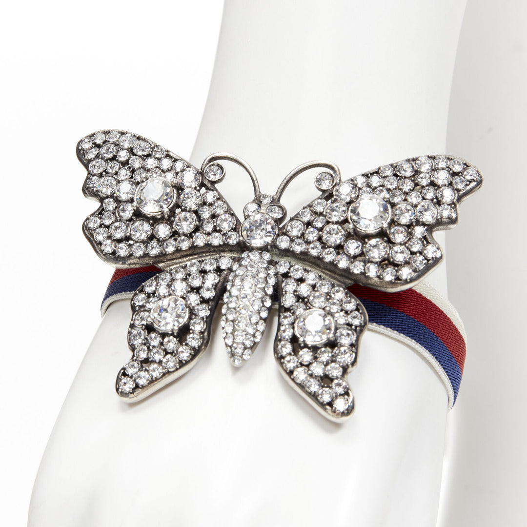 GUCCI ALESSANDRO MICHELE antique silver crystal Butterfly web strap bracelet