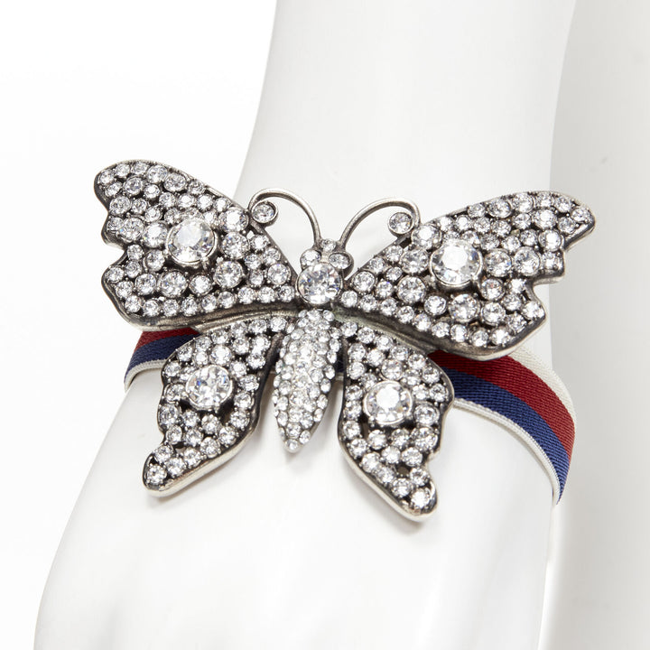 GUCCI ALESSANDRO MICHELE antique silver crystal Butterfly web strap bracelet