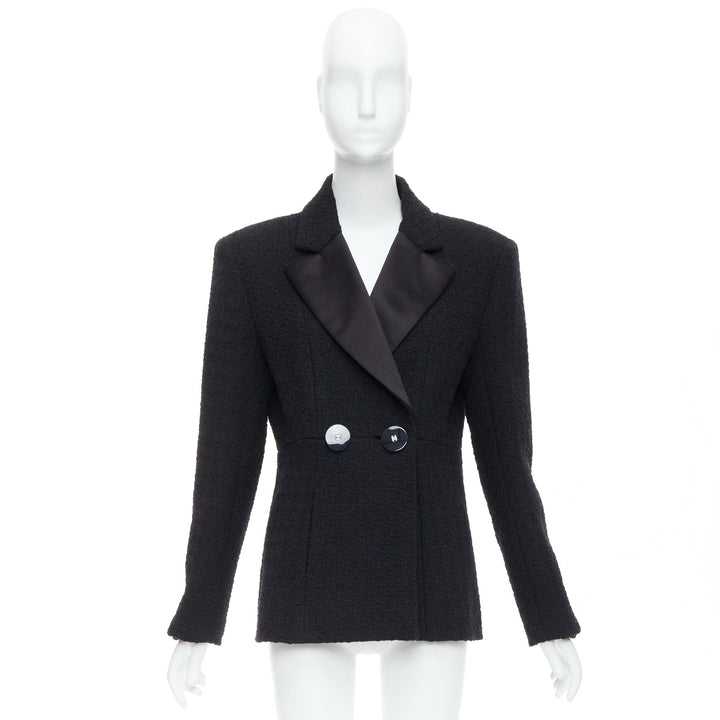 CHANEL 17A Runway Cosmopolite black tweed double breasted tuxedo jacket FR44