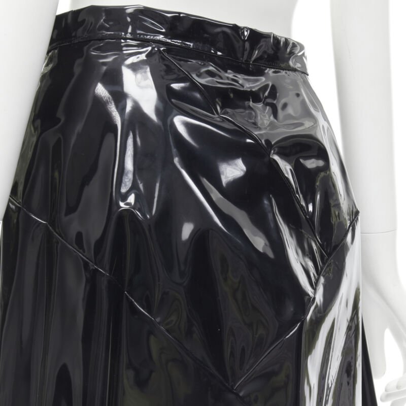 COMME DES GARCONS 1991 black vinyl plastic bias cut A-lined flared skirt L