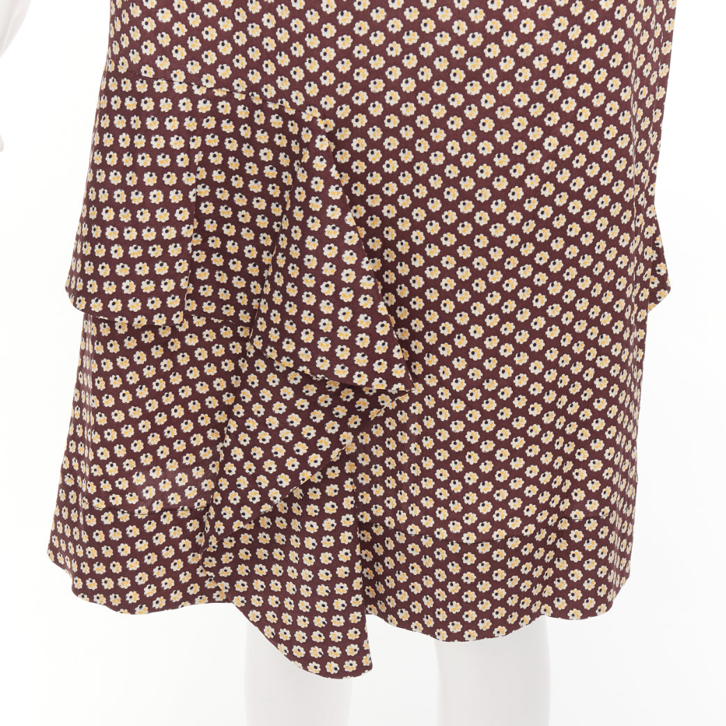 MARNI brown yellow floral silk blend ruffle drape front mid skirt IT40 S