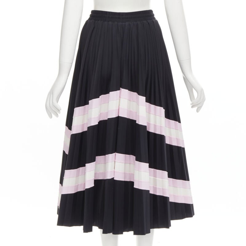 VALENTINO black pink stripes patchwork pleated toggle pleated midi skirt XS