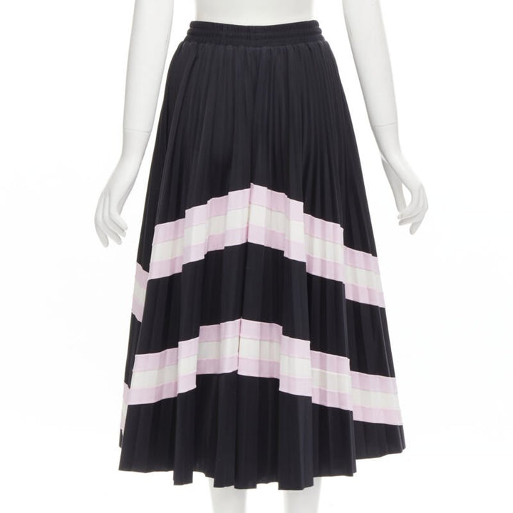 VALENTINO black pink stripes patchwork pleated toggle pleated midi skirt XS