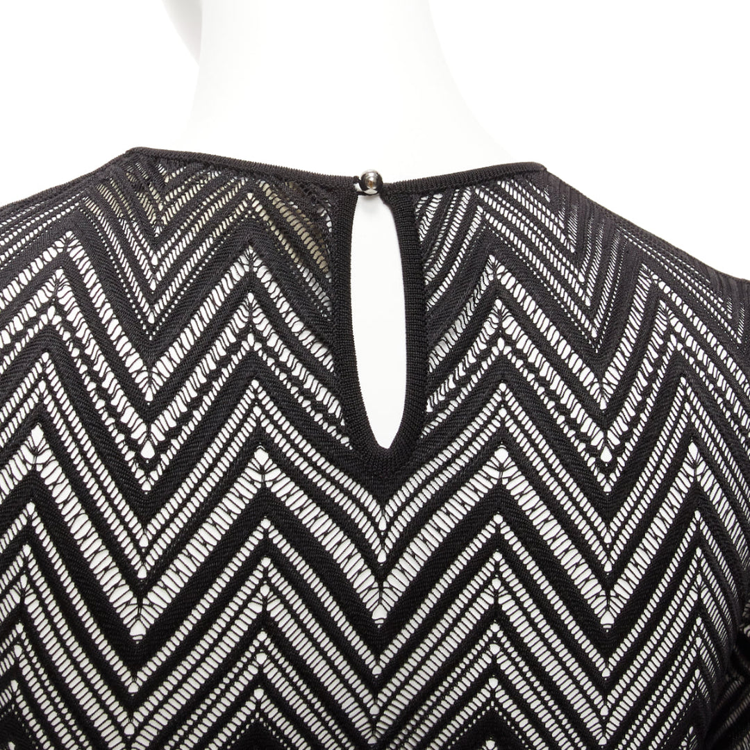 ROLAND MOURET black chevron lattice lace draped charm sleeves bodysuit top XS