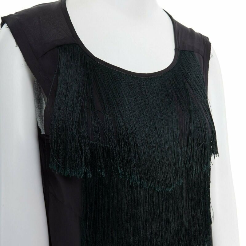 runway DRIES VAN NOTEN 2013 black fringe trim silk flapper dress FR38 US6 S