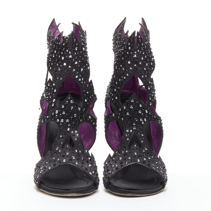 GIUSEPPE ZANOTTI black crystal satin leather lined cutout sandals heels EU37.5