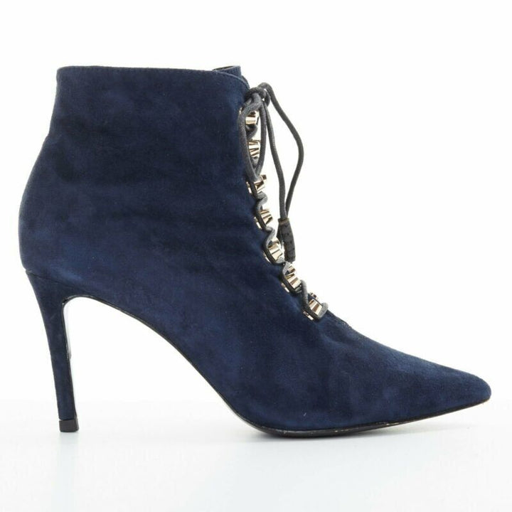 BALENCIAGA navy blue suede gold-tone stud lace up point toe bootie EU37 US7