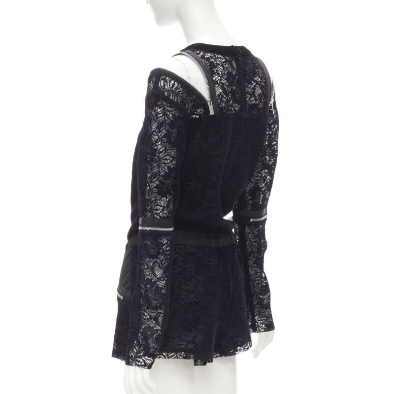 SACAI navy velvet floral lace pink zipper trim romper playsuit S