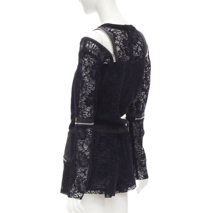 SACAI navy velvet floral lace pink zipper trim romper playsuit S