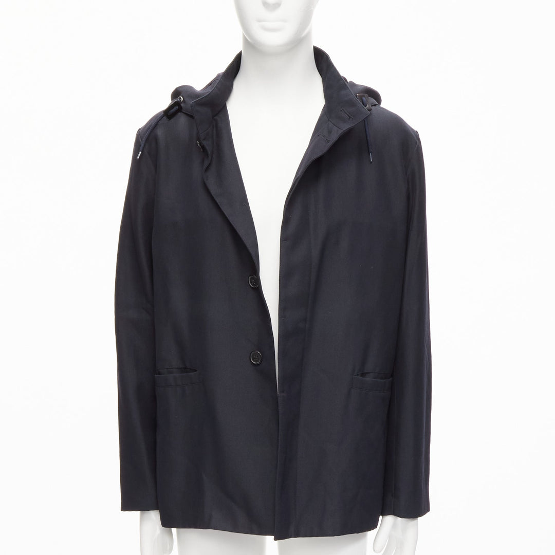 MARNI black wool leather stopper hooded concealed buttons parka jacket IT48 M