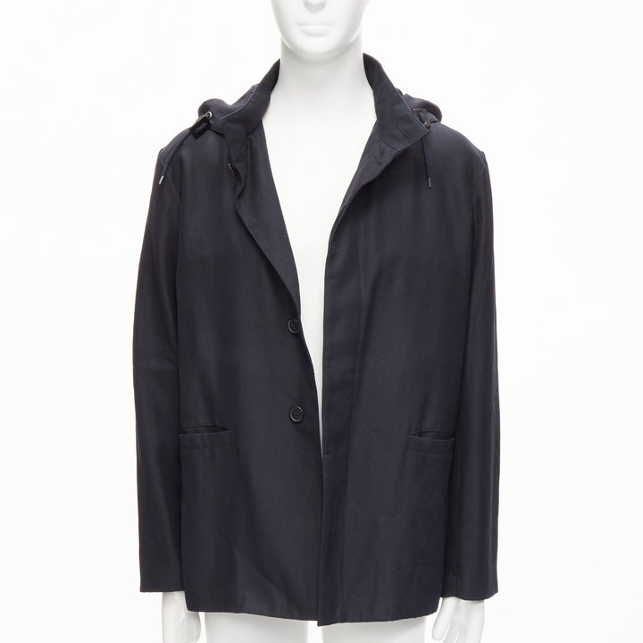 MARNI black wool leather stopper hooded concealed buttons parka jacket IT48 M