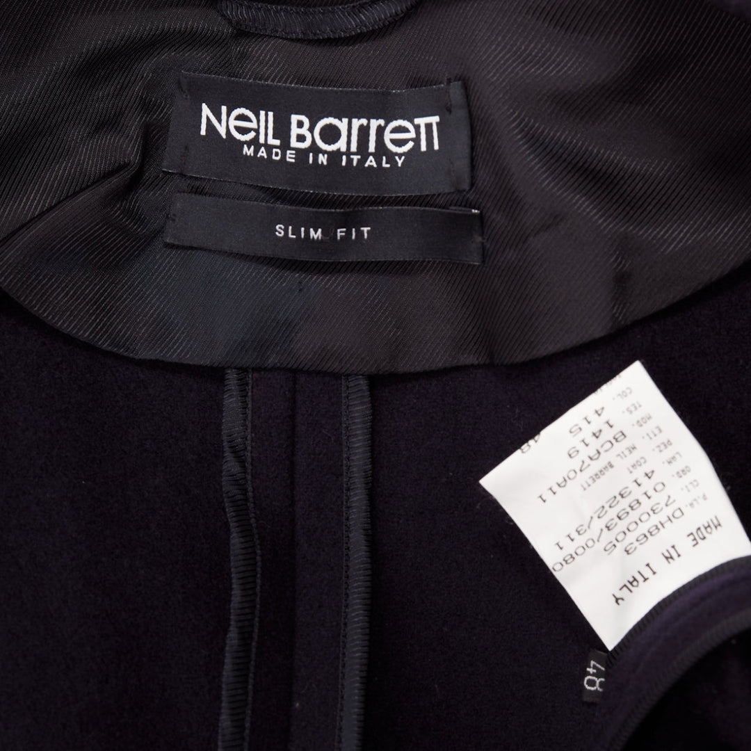 NEIL BARRETT navy wool blend ribbon trimmed pocket detail long coat IT48 M