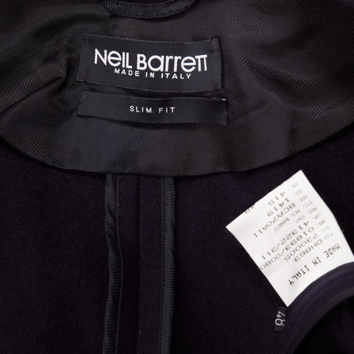 NEIL BARRETT navy wool blend ribbon trimmed pocket detail long coat IT48 M