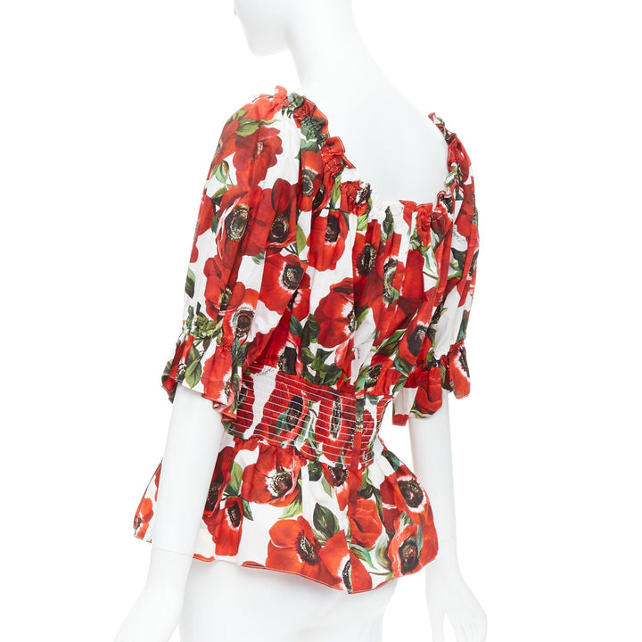 DOLCE GABBANA red anemone floral print cotton poplin peplum top IT48 XXL