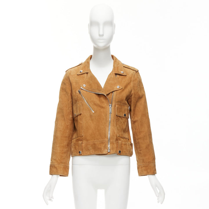 GOLDEN GOOSE tobacco brown distressed suede silver stud logo biker jacket