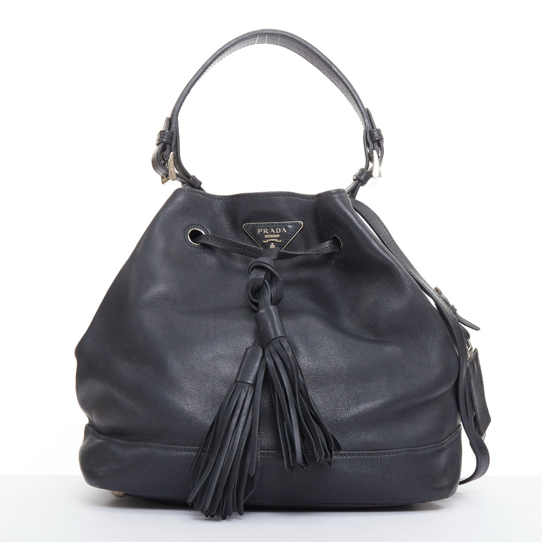 PRADA City Calf Bucket black calfskin leather triangle tassel drawstring bag