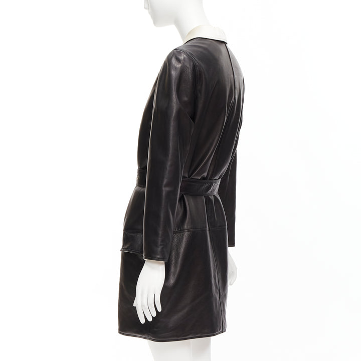 GIANNI VERSACE Vintage black leather white silk medusa button belted coat