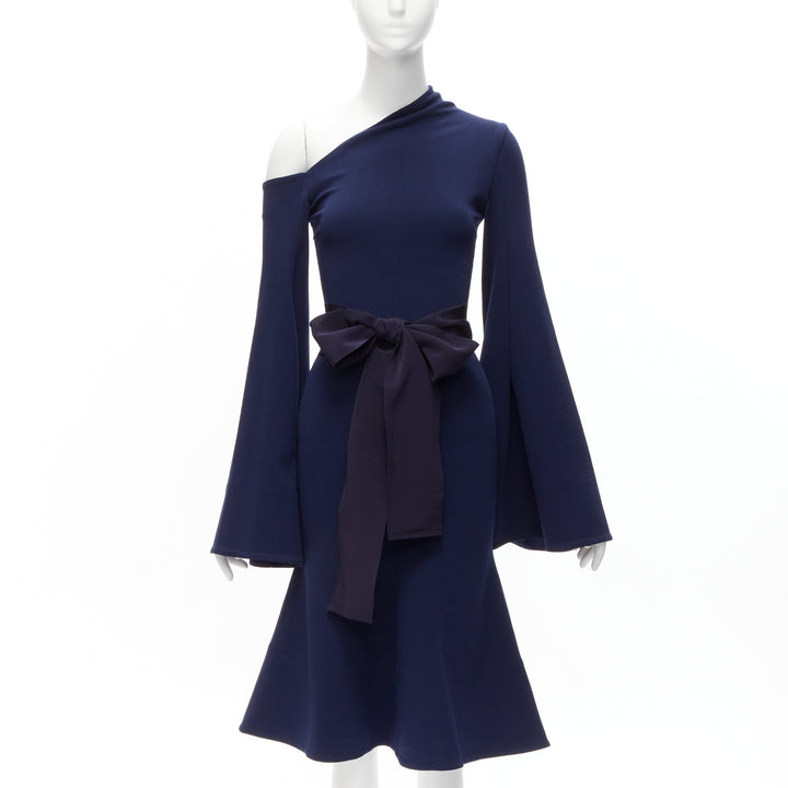 SOLACE LONDON Haso navy blue asymmetric stretch crepe bell sleeves dress UK4 XXS
