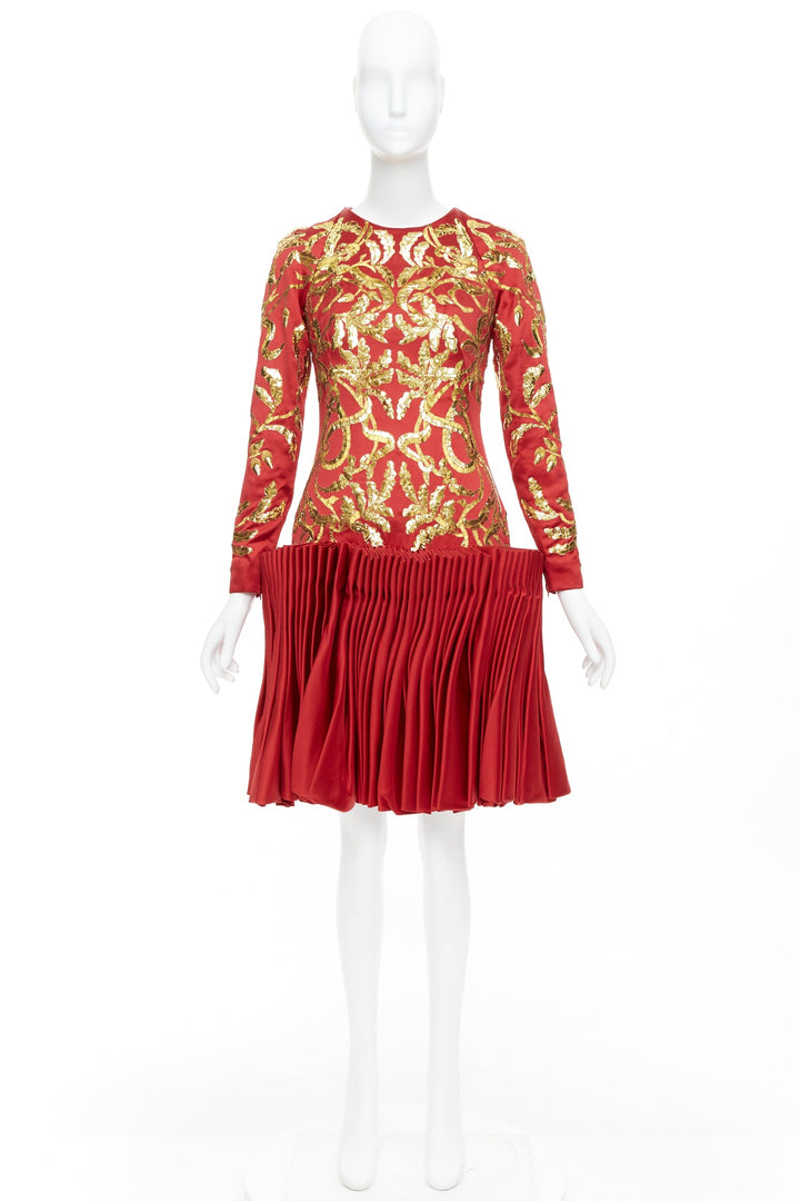 ALEXANDER MCQUEEN 2010 Runway Angels Demons red gold sequin pleat dress IT40 S