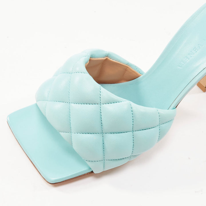 BOTTEGA VENETA Padded Matelasse light blue leather open square mule sandals EU37