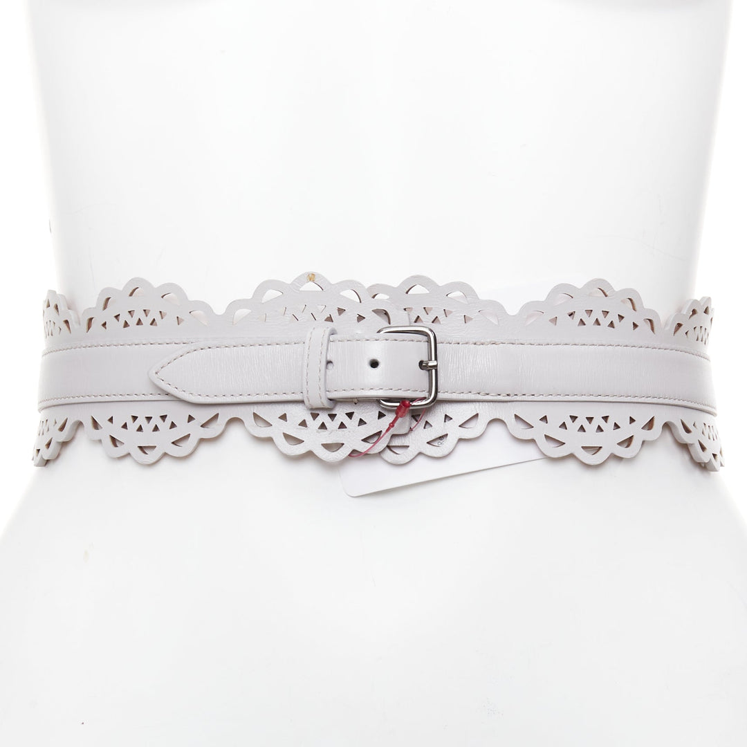 ALAIA light grey leather laser cut details silver buckle scallop belt 65cm