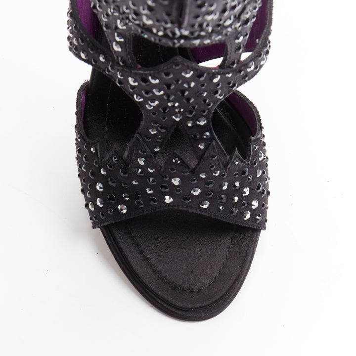 GIUSEPPE ZANOTTI black crystal satin leather lined cutout sandals heels EU37.5