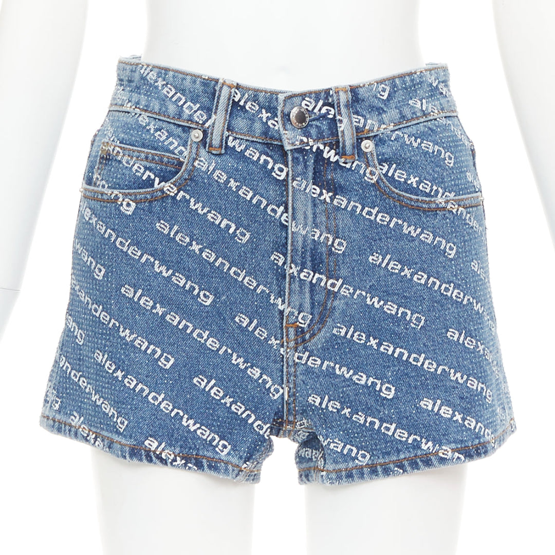 ALEXANDER WANG Bite blue denim crystal rhinestone hotfix logo mini shorts 25"