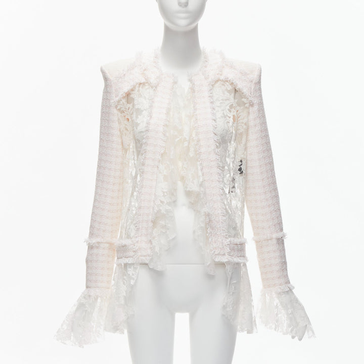 BALMAIN Spencer pink white tweed sheer lace ruffle blazer jacket FR34 XS