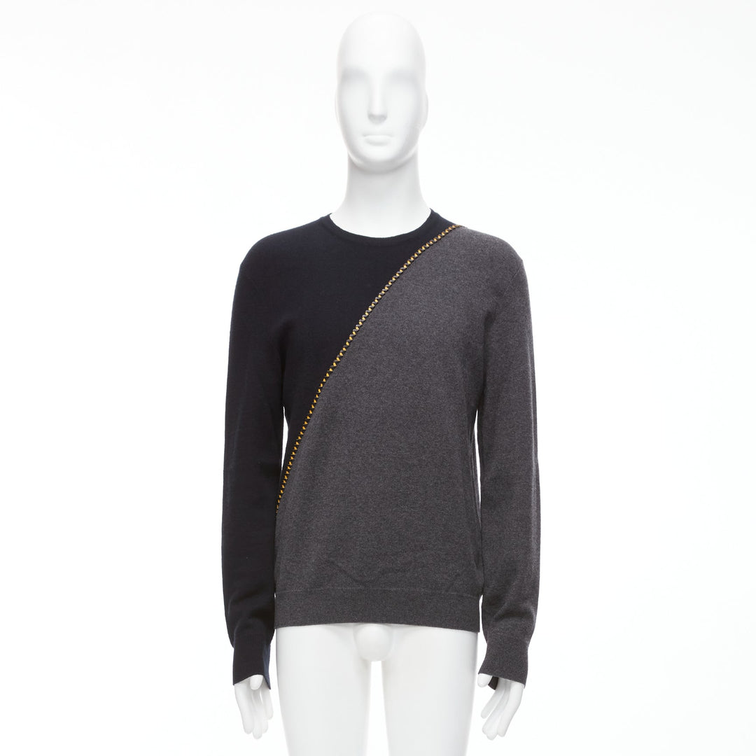 BERLUTI grey black yellow lambskin leather stitch wool cashmere split sweater M