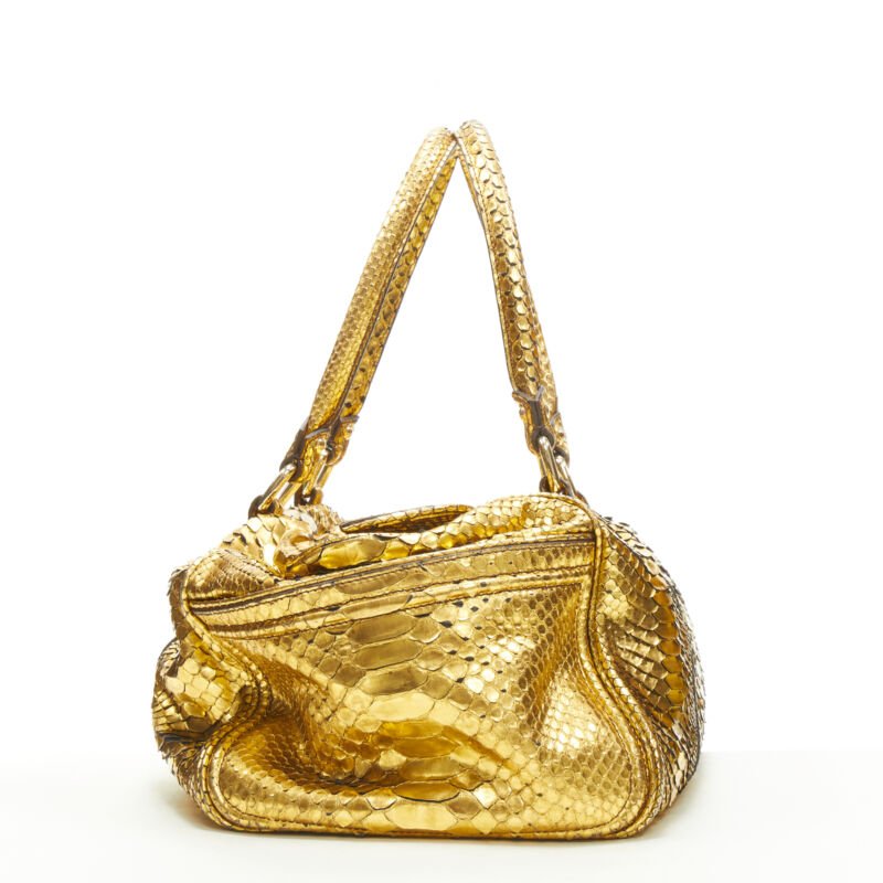 ZAGLIANI metallic gold scaled leather top handle duffel boston bag