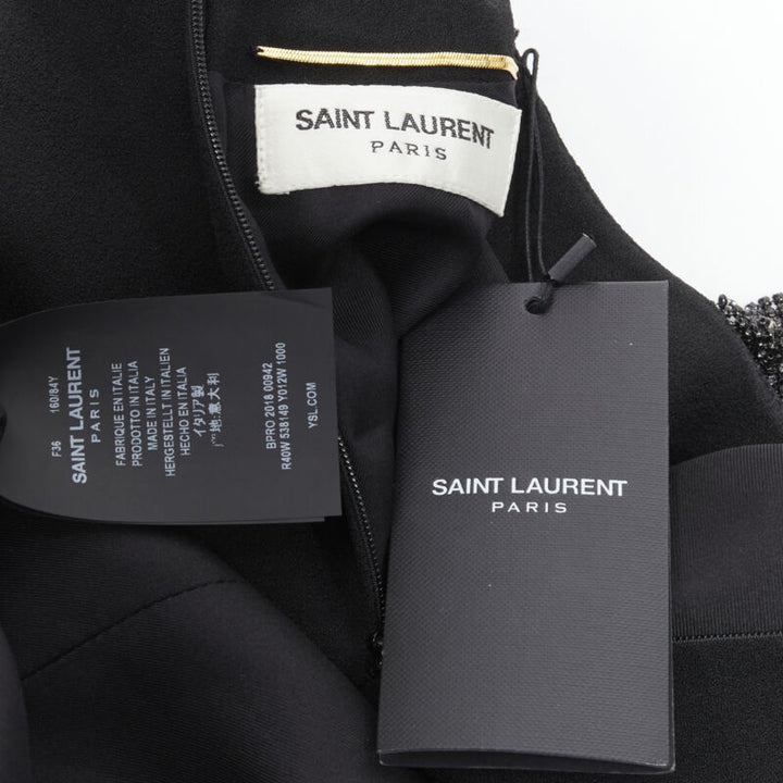 SAINT LAURENT Runway black chainmail stud shoulder pad belted dress FR38 S