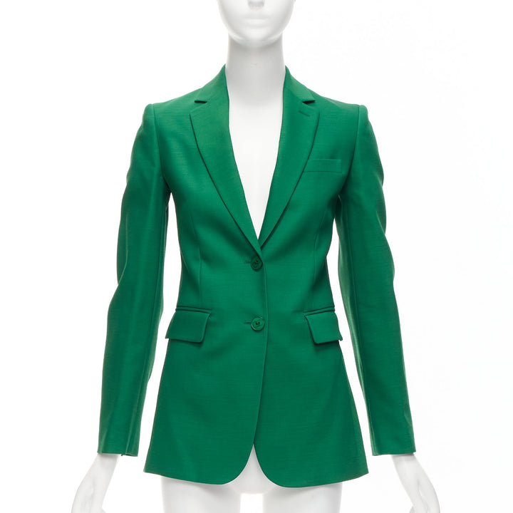 VALENTINO Kelly green wool silk fitted kong sleeve V neck blazer jacket IT36 XXS