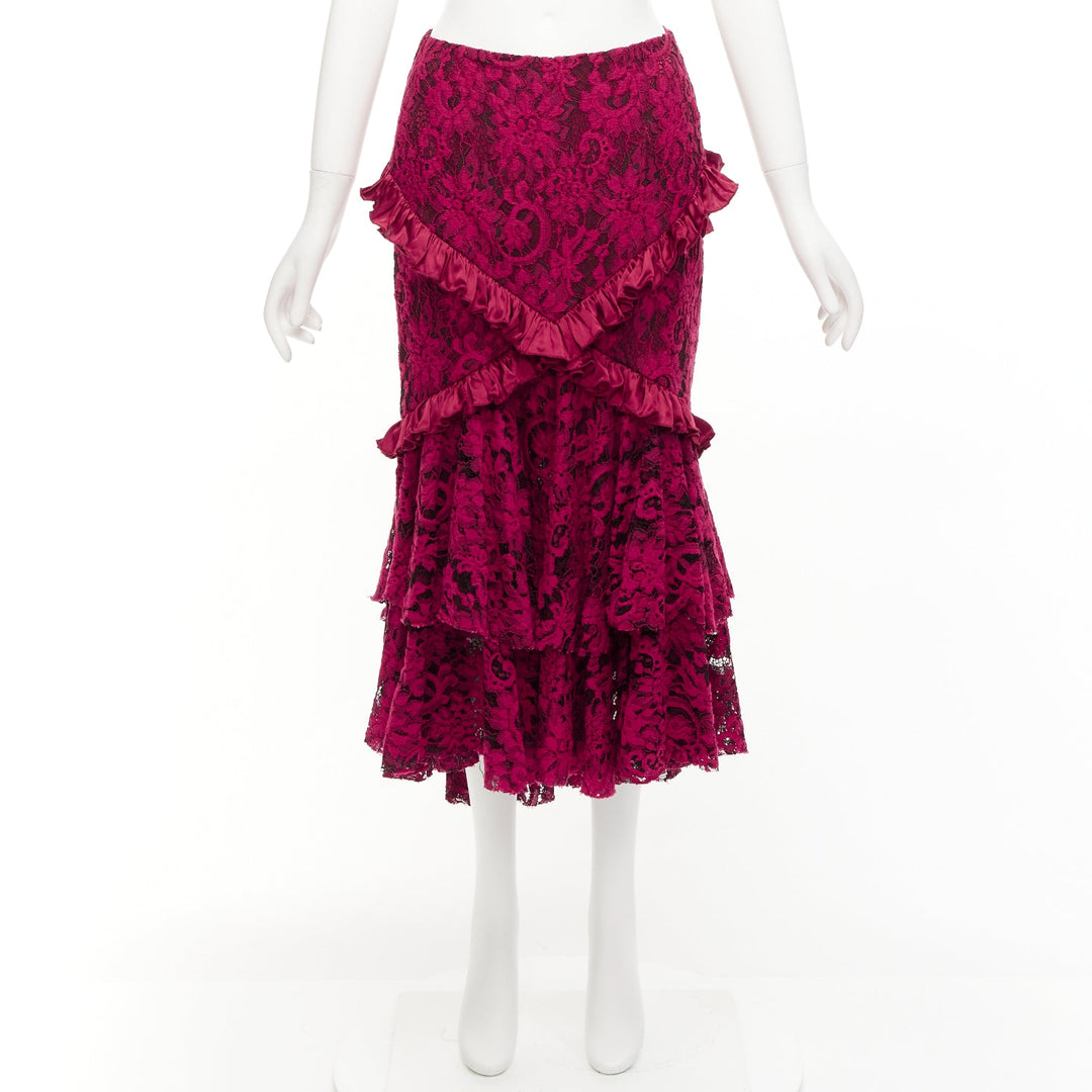 ROMANCE WAS BORN red cotton silk blend floral lace bias ruffle midi skirt AUS8 S