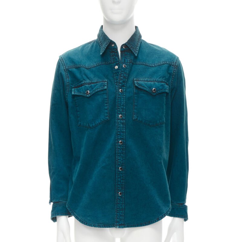 BALENCIAGA 2018 turquoise acid dye washed heavy cotton ripped cuff shirt EU38 S