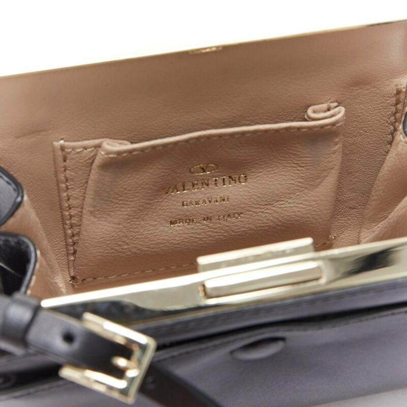 VALENTINO black leather gold rockstud metal frame miniaudiere clasp clutch bag