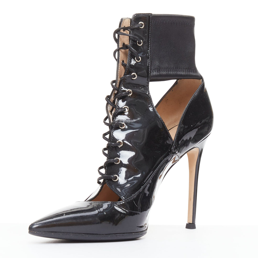 GIANVITO ROSSI black patent cut out corset lace heeled booties EU37.5