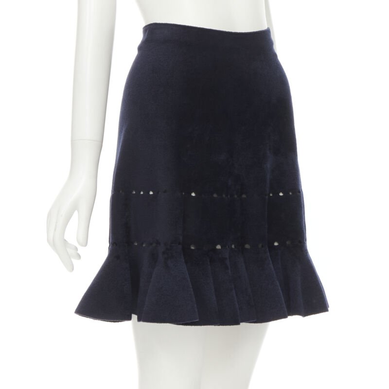 ALAIA black velour geometric cut out flared hem skirt FR38 M