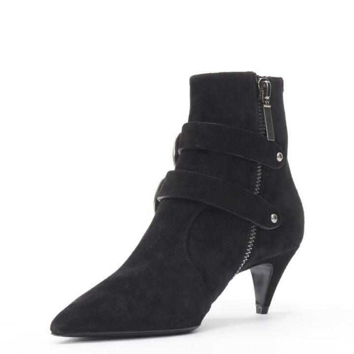 SAINT LAURENT Charlotte 55 black suede silver western buckle bootie EU37