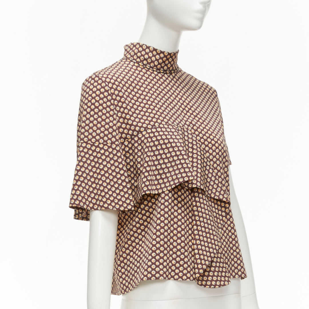 MARNI brown yellow floral asymmetric ruffle drapes hi neck top IT38 XS