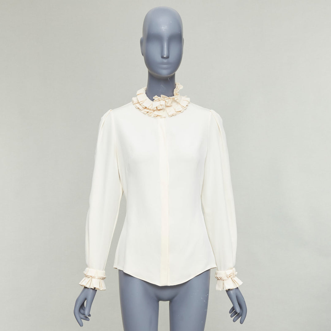 ALEXANDER MCQUEEN 100% silk cream Victorian ruffle collar darted blouse IT38 XS