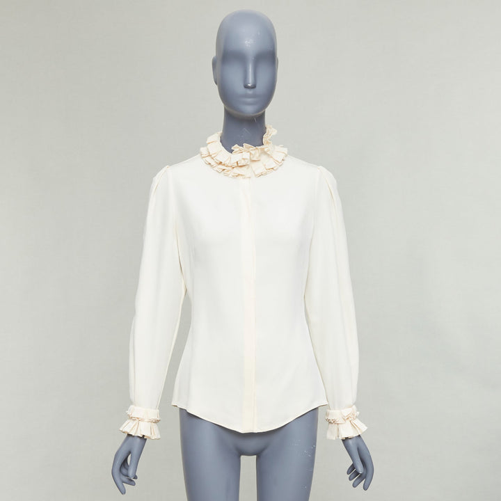 ALEXANDER MCQUEEN 100% silk cream Victorian ruffle collar darted blouse IT38 XS