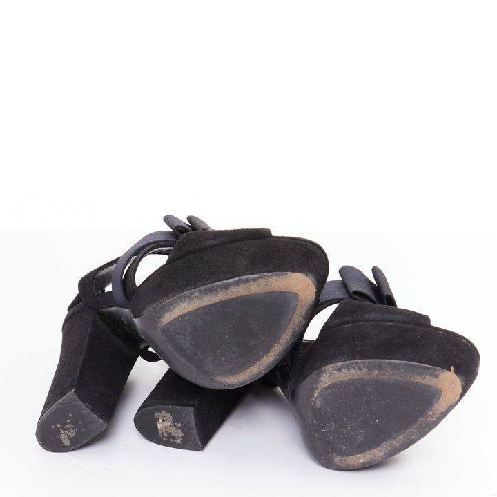 MIU MIU black suede grosgrain origami bow chunky platform heels EU35