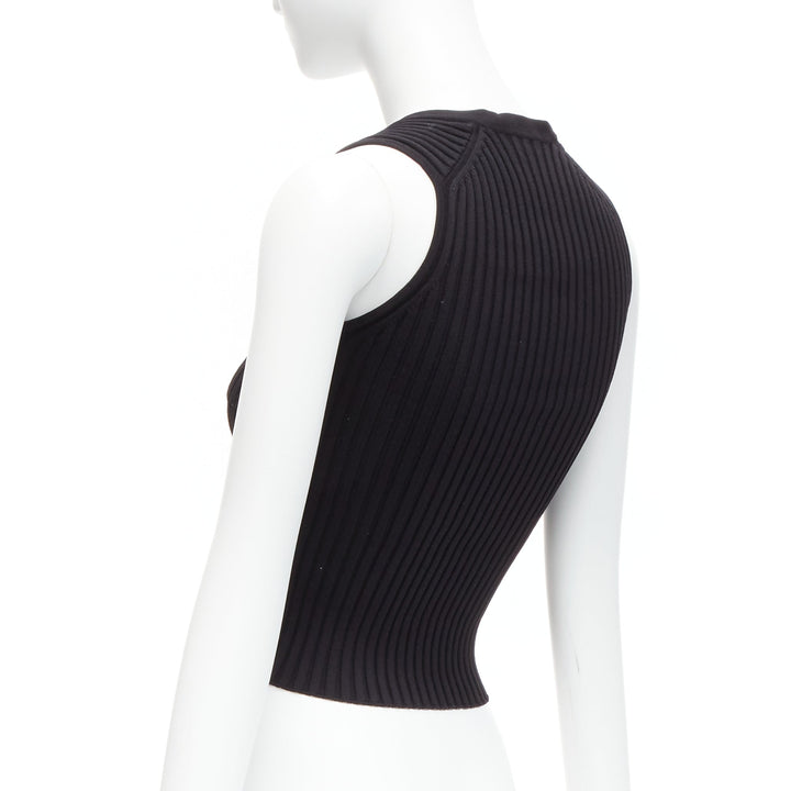 CHANEL 01A gold CC logo charm  black ribbed V neck cropped vest top FR38 M