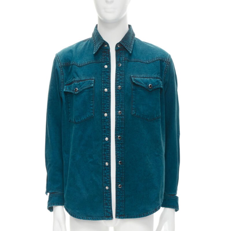 BALENCIAGA 2018 turquoise acid dye washed heavy cotton ripped cuff shirt EU38 S
