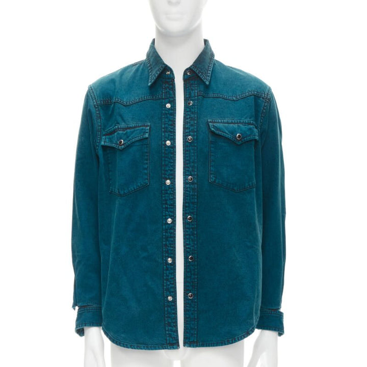 BALENCIAGA 2018 turquoise acid dye washed heavy cotton ripped cuff shirt EU38 S