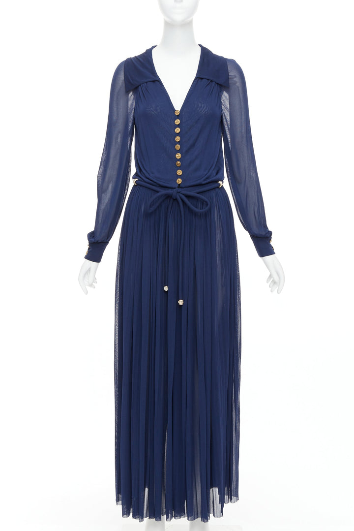 CHANEL 2017 Runway navy gold CC owl logo buttons pleated belted dress FR36 S