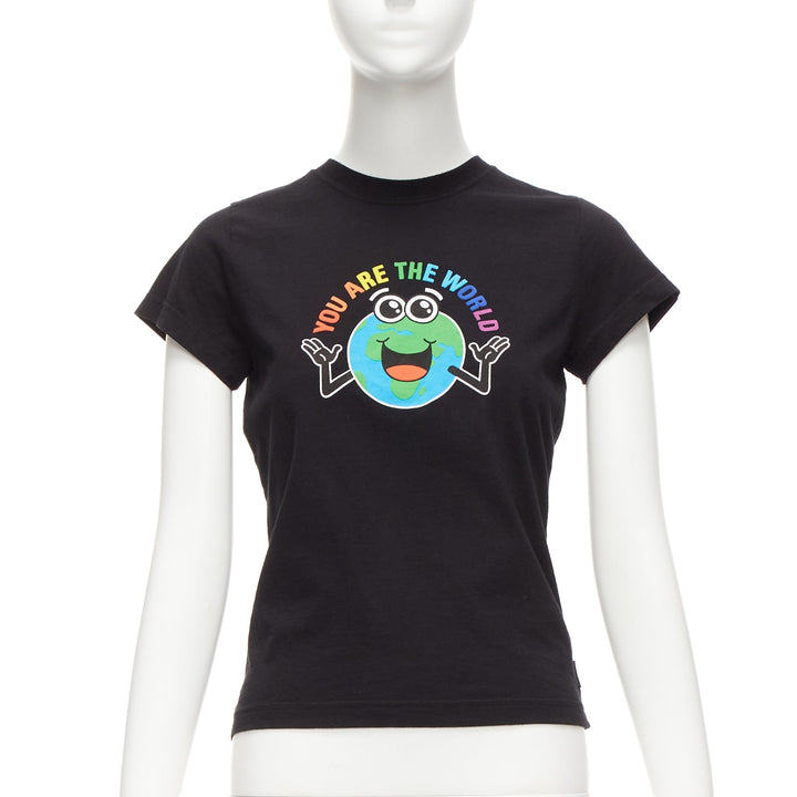 BALENCIAGA 2018 black You Are The World rainbow globe print cropped tshirt XS